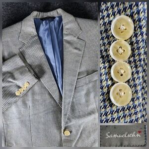 Samuelsohn Mens 40R Silk Wool Houndstooth Sport Coat Blazer Blue & Tan EUC‎